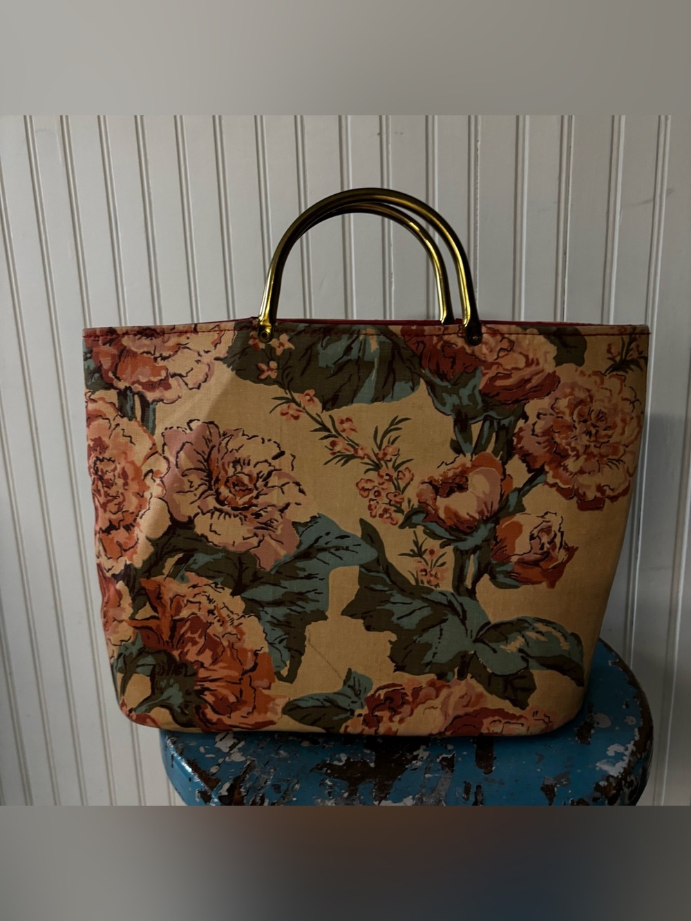 Vintage Style Floral Tapestry Top Handle Tote Bag